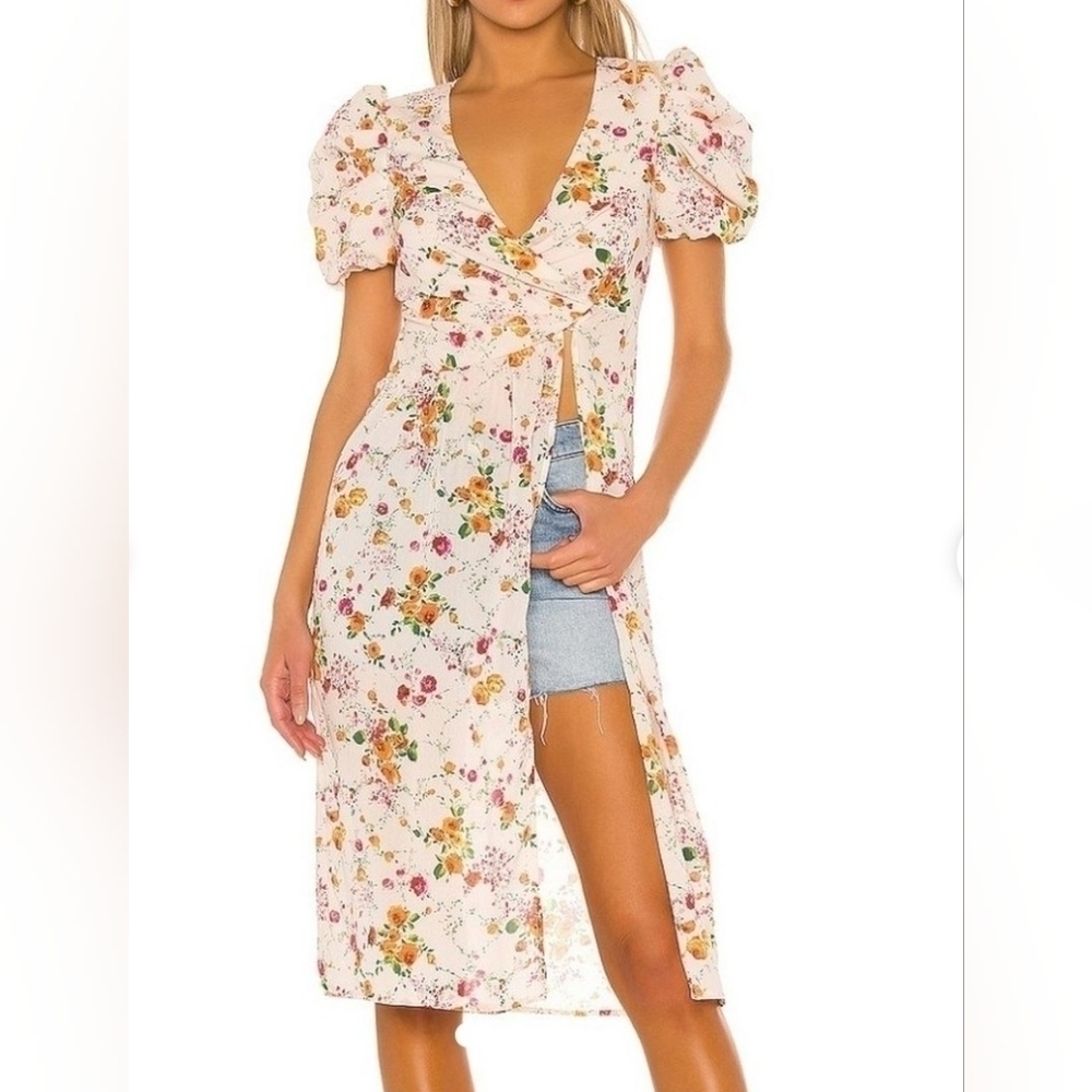 Revolve x House of Harlow 1960 Maeve Midi Floral Top Puff Sleeves Leg Slit S